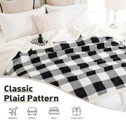 PU MEI Sherpa Fleece Throw Blanket 60" x 80" Reversible Plush Fluffy Large Big Blanket Lattice Flannel Blankets for All Season Use, Black and White - color: Black and White, size: 60"*80"