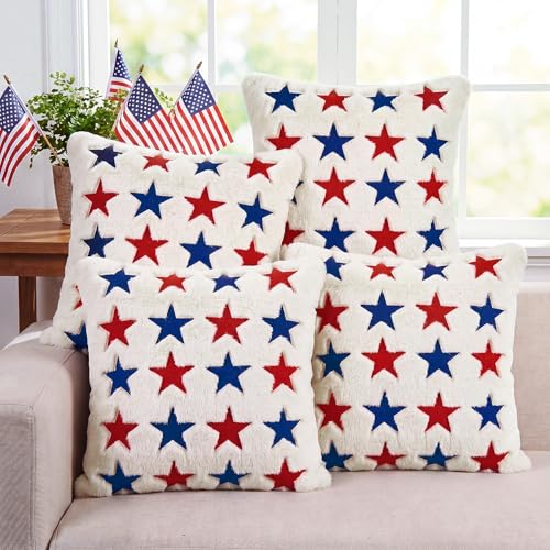 Tiamon 4 Pcs Patriotic 4th of July Throw Pillow Covers 18 x 18 Inch USA Flag American Plush 3D Embroidered Pillow Cases Red White Blue Stars Cushion Covers for Independence Day Decor Sofa Bed Home - style: Patriotic Star