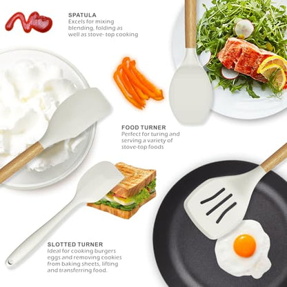 oannao Silicone Cooking Utensils Set - 446°F Heat Resistant Silicone Kitchen Utensils for Cooking,Kitchen Utensil Spatula Set w Wooden Handles for Non-Stick Cookware, BPA FREE (Cream White) - color: Cream White