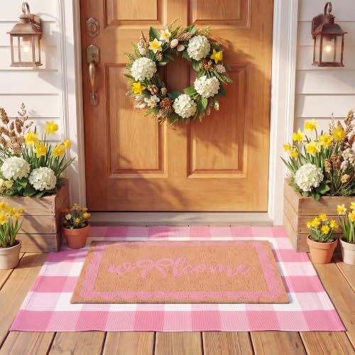 2 Pcs Bow Welcome Front Door Mats Combo Set Coco Coir Welcome Doormat 27.5''x43'' Layered Buffalo Pink White Plaid Rug Extra Thick Nonslip Backing for Outdoor Porch Entryway Decor - color: Pink