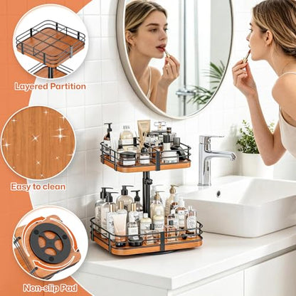 12 Inch Square Lazy Susan Organizer, 2 Tier Adjustable Wood Rack | Removable Divider Rack, 360° Rotating, Adjustable Height, For Pantry, Cabinet, Bathroom & Dining Table