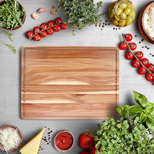 GAOMON Acacia Extra Large Wood Cutting Board, 1.5 Inches Thick Butcher Block, Reversible Wooden Kitchen Block, Cheese Charcuterie Board, with Side Handles and Juice Grooves, 20 x 15 Inch - size: 20.4"L x 15.6"W