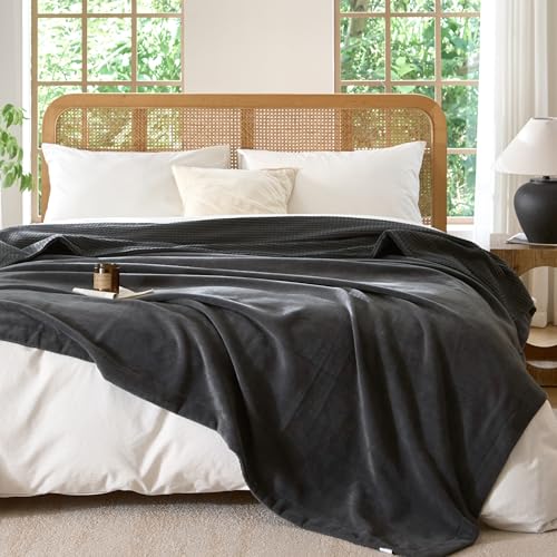 CHUFFED Cotton Waffle Blanket King Size - Plush Milk Velvet & Reversible Waffle Weave,Anti-Static 500Gsm Design，Thick Cozy Soft Winter Blanket for Bed, Couch, Sofa - Dark Grey, 104x90 Inches - color: Dark Grey, size: King