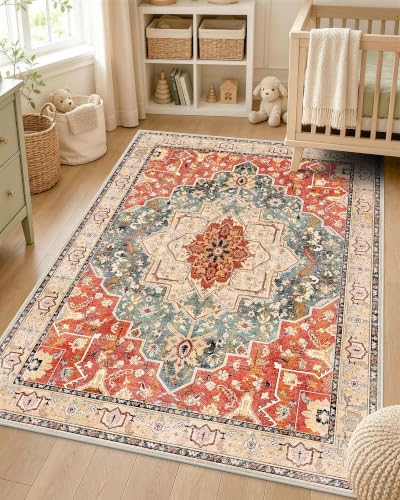 OLANLY 3x4 Washable Accent Rug, Soft Non Slip Carpet for Entryway Bedside | Brick Red Boho Vintage Floral Medallion Farmhouse Rug, Spill & Stain Resistant Low Pile, for Entryway Laundry Office Bedroom - color: Brick Red, size: 3' x 4' (Rectangular)