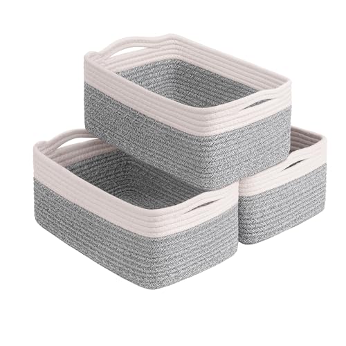Goodpick 3-Pack Cotton Rope Baskets for Shelves, 13 x 8 x 5 in | Woven Baskets for Closet Fit Bedroom Lving Room, Baby Baskets for Gift Empty, Dog Toy Basket for Pets, White & Brown - color: White & Light Gray, size: Medium (13"L x 8"W x 5"H)