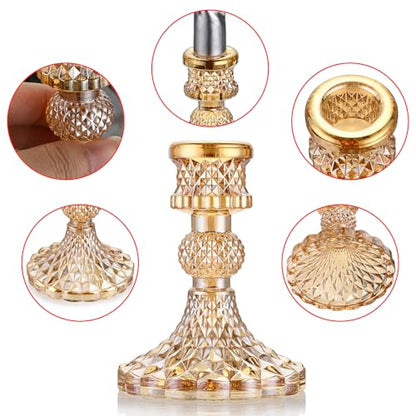 OwnMy Gold Glass Taper Candle Holders Decorative Glass Candlestick Holders | 2PCS Modern Glass Taper Candle Stands, Glass Taper Candlestick Holders for Dining Table Centerpieces Wedding Church Decors