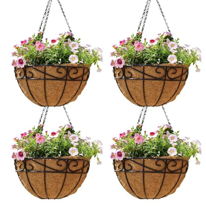 4 Pack 14 Inch Hanging Baskets for Plants Outdoor Metal Hanging Planter Hanging Flower Baskets with Coco Fiber Liners Chain Round Wire Plant Holder Hangings Flower Pots(Plaid) - size: 14 Inch, style: Plaid