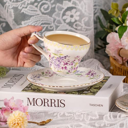 KAMMAK Tea Cups and Saucers Set of 2, 7.4 oz Porcelain Coffee Cups, 573N | Stackable Espresso Mugs, Ceramic Demitasse for Coffee, Cappuccino, Latte, Americano, Tea - size: 7KPSP573N+574N
