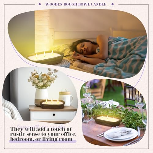 Threlaco 2 Pack Wooden Dough Bowl Scented Candle,Lavender | 3 Cotton Wicks for Even Burning, Natural Soy Wax Blend, Farmhouse Table Centerpiece, Rustic Wooden Bowl Candle Gift Set