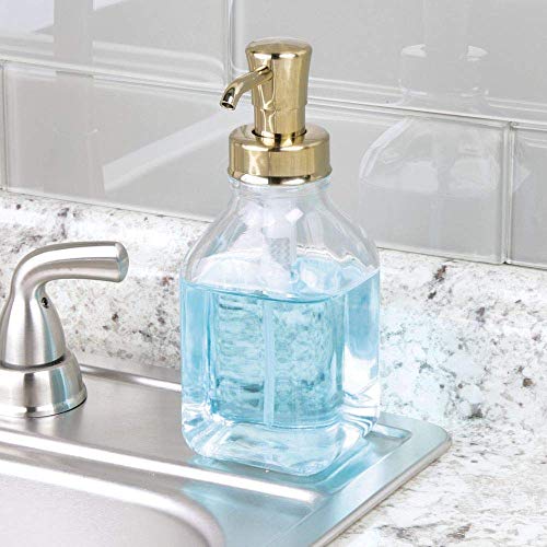 mDesign Square Glass Refillable Liquid Soap Dispenser Pump Bottle for Bathroom Vanity Countertop, Kitchen Sink - Holds Hand Soap, Dish Soap, Hand Sanitizer, Essential Oils - 2 Pack - Clear/Soft Brass - color: Clear/Soft Brass