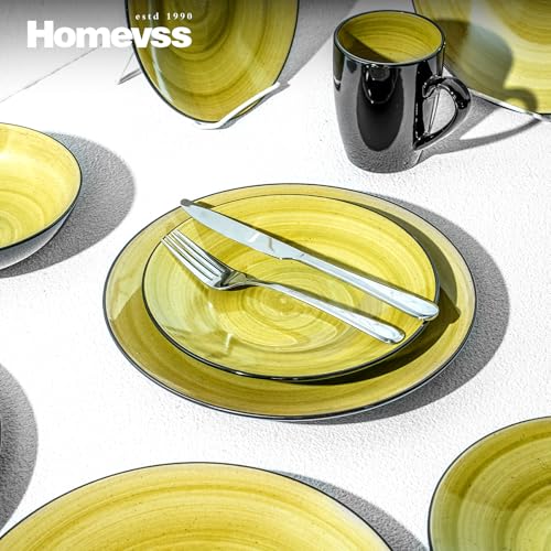 HomeVss Sonoma 16 Piece Stoneware Dinner Set, Outside Black + Inside Handpainted Color Green with Black speckle - color: Green