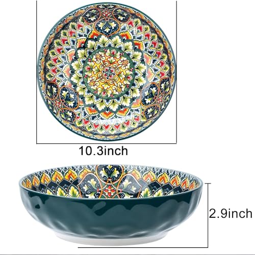 Large Serving Bowls, 75 Oz Fruit Salad Bowls, Bohemian Style Large Porcelain Dishes for Entertaining Parties,Big Bowls for Eating Soup, Salad, Pasta, Fruit, Chips, 10.3 Inch Diameter (green) - color: Green