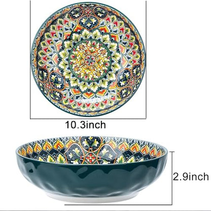 Large Serving Bowls, 75 Oz Fruit Salad Bowls, Bohemian Style Large Porcelain Dishes for Entertaining Parties,Big Bowls for Eating Soup, Salad, Pasta, Fruit, Chips, 10.3 Inch Diameter (green) - color: Green