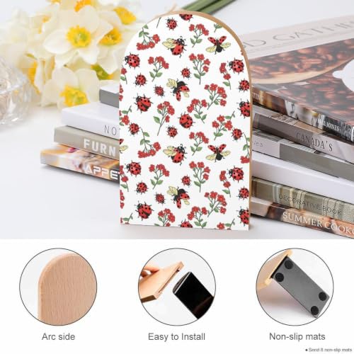 Wooden Book Ends with Metal Base Bookends Supports for Shelves, Ladybug | Cute Red Flower Green Leaves, Non-Slip Book Stoppers for Magazines, Books, DVDs, Small, 1 Pair - color: Style(513)