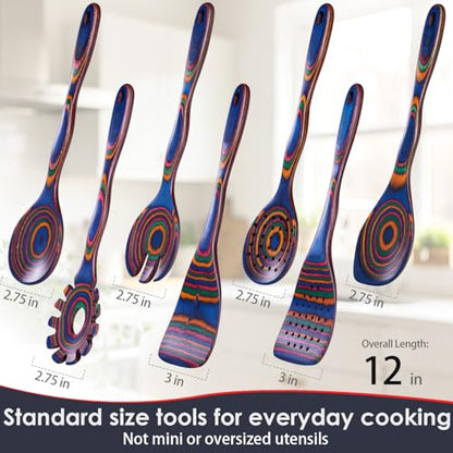 HOWHONG Colorful Wooden Cooking Utensils Set, 7-Piece Rainbow Pakkawood | Layered Pakkawood, Wooden Cooking Utensils, Nonstick Cookware Compatible, Heat Resistant, Handmade