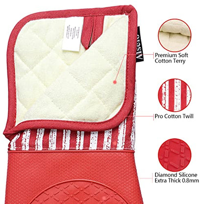 Alselo Silicone Oven Mitts Heat Resistant 932℉ with Waterproof & Non-Slip | Kitchen Mittens Set of 2,Extra Long 7.5"x15" Oven Gloves with Soft Cotton Terry Lining for Baking Cooking BBQ(Red,2) - color: Red