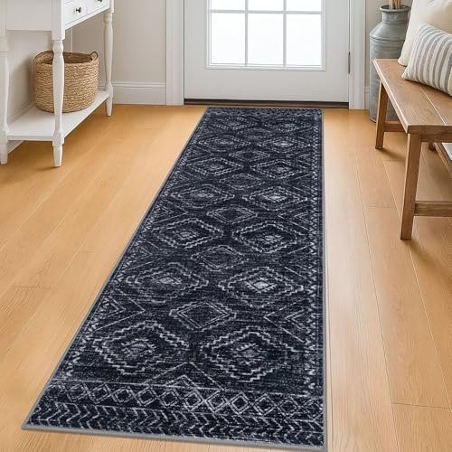 KILOCOCO Washable Runner Rug 2x6 ft Hallway Runners, Blue-Black | Non Slip Runner Rug, Printed Kitchen Runner Rug, Low-Pile Entryway Runners, Soft Geometric Rugs for Bedroom Hall Living Room - color: Black/Navy/White, size: 2' x 6' (Runner)