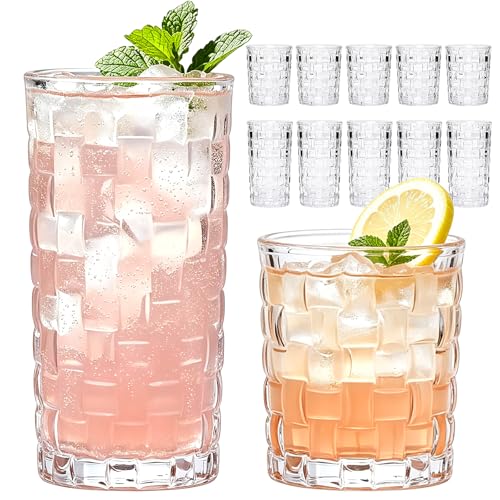 QAPPDA Embossed Drinking Glasses 12 Pack, 11oz & 8oz Old Fashioned Glass | Vintage Kitchen Bar Tumbler Glassware Set for Whiskey, Beer, Juice, Milk and Various Mixed Drinks