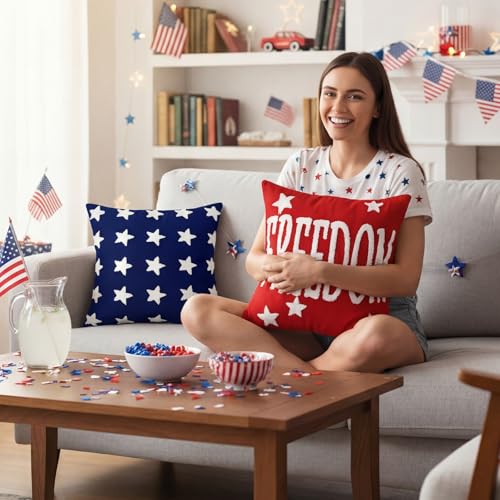 Fourluoo 4 Pcs 4th of July Pillow Covers 18x18 Patriotic America | Soft Plush Faux Fur Cushion Cases, Red White Blue Patriotic Decor, America Freedom Jacquard Weave for Sofa Couch - style: Patriotic