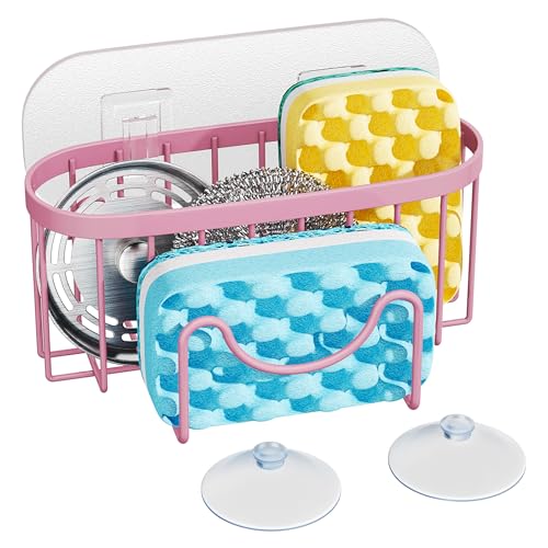 HapiRm Sponge Holder for Kitchen Sink - Sink Caddy with Unique M-Shaped, 2 Installation Methods Kitchen Organizer, Rustproof Stainless Steel Sponge Caddy - Pink - color: Pink, size: with M-shaped Holder