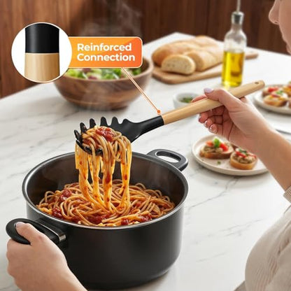33Pcs Kitchen Utensils Set Silicone Cooking Utensils Set with Wooden Handle | Heat-Resistant, Dishwasher Safe, BPA-Free Silicone Kitchen Utensil Set with Wooden Handles & Holder for Nonstick Cookware - color: Black