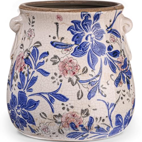 Ceramic Scroll Planter 6.5 Inch Chinoiserie Floral Vase with Drainage Holes Vintage Flower Vase Flower Pot Rustic Ceramic Pots for Indoor Plants Garden Home Bookshelf Decor(Blue, Red) - style: Blue, Red