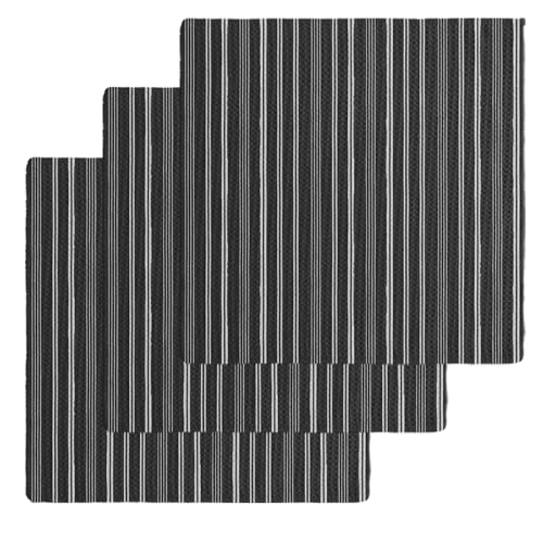 Black Striped Dish Towels Set, Waffle Weave Kitchen Towels 3 Pieces, Farmhouse Stripes Modern Vintage Microfiber Hair Face Bath Tea Towel Absorbent Quick Drying Cleaning Dish Cloths, 12"x12" - color: Black, Onyx, Gray, size: 3PCS,12"x12"