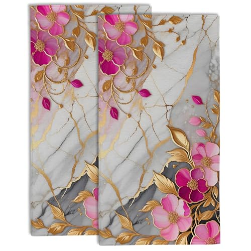 Gold Marble with Pink Flowers Bathroom Hand Towel Set of 2,Luxuxy Modern Marble Fingertip Kitchen Hand Towel,Soft Absorbent Decorative for Hotel Gym Yoga Home Decor - color: Color13