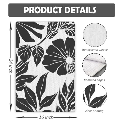 Boho Black and White Kitchen & Bath Towels Set, 2 x 16x24 Inch Floral Dish & Hand Towels - color: 24- Abstract Towels