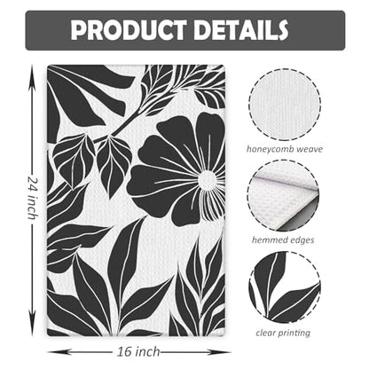 Boho Black and White Kitchen & Bath Towels Set, 2 x 16x24 Inch Floral Dish & Hand Towels - color: 24- Abstract Towels