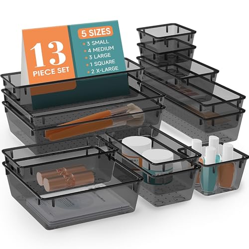 13 PCS Drawer Organizer Set, 5 Size Bathroom and kitchen organizer Trays | Bathroom and kitchen Drawer cabinet organizer Trays, Clear Storage Bins for Makeup, Jewelry, Utensils and Gadgets - color: Black, size: 13 PCS