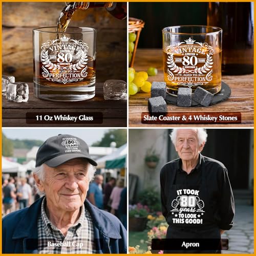 80th Birthday Gifts for Men Whiskey Glass Set, 80th Birthday Party Supplies with 11 Oz Whiskey Glass Coaster Stone Baseball Cap Apron Sock Toilet Paper Keychain for Him, Dad, Husband, Friends - style: 80th Birthday