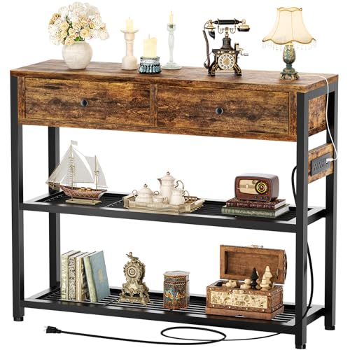 Ecoprsio 32" Small Entryway Table with Outlets, Console Table with Drawers | Couch Table behind Sofa, Entry Way Table with Shelves Storage, for Living Room, Hallway, Bedroom, Rustic Brown - color: Rustic Brown, size: 32-In