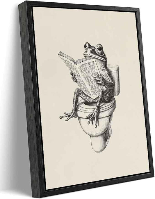 Black Floating Framed Funny Frog Bathroom Canvas Wall Art Humor Animal Painting Picture Wall Decor Frog on Toilet Reading Newspaper Poster Print Artwork for Bathroom Washroom Home Decoration 12x16in - color: Frog Framed, size: 16"L x 12"W