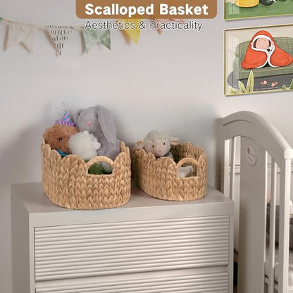 iEGrow Scalloped Wicker Basket, Set of 2 Hand-Woven Natural Rattan Baskets with Built-in Handles, Water Hyacinth Storage Oval Cute Baby Baskets for Nursery, Organizing, Decor and Shelves - size: Oval