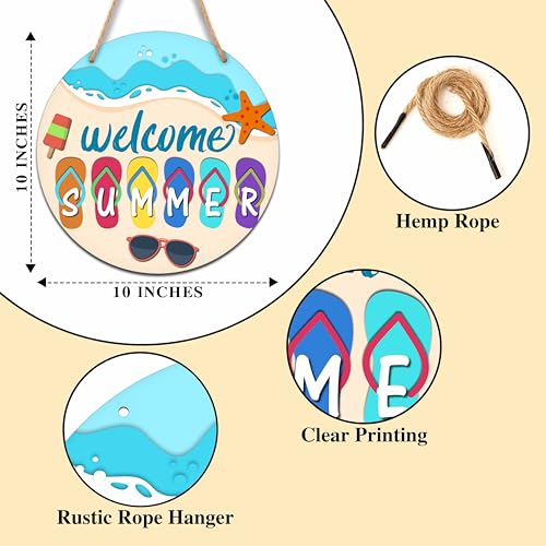 Summer Welcome Sign, Round Wooden Wall Sign, 10x10 inches, Beach Theme, Flip Flop Decor, Rope Mount - color: Flip Flop