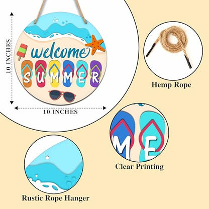 Summer Welcome Sign, Round Wooden Wall Sign, 10x10 inches, Beach Theme, Flip Flop Decor, Rope Mount - color: Flip Flop