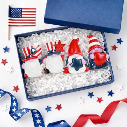 4th of July Decorations Patriotic Gnome Figurines, 4 Pcs Small Resin Gnome Statues, Red White and Blue Memorial Day Decor for Home Outdoor Garden Tiered Tray Shelf Mantel Tabletop Centerpieces