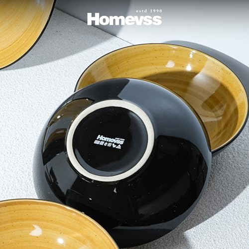 HomeVss Sonoma 16 Piece Stoneware Dinner Set, Outside Black + Inside Handpainted Color Yellow with speckle - color: Yellow