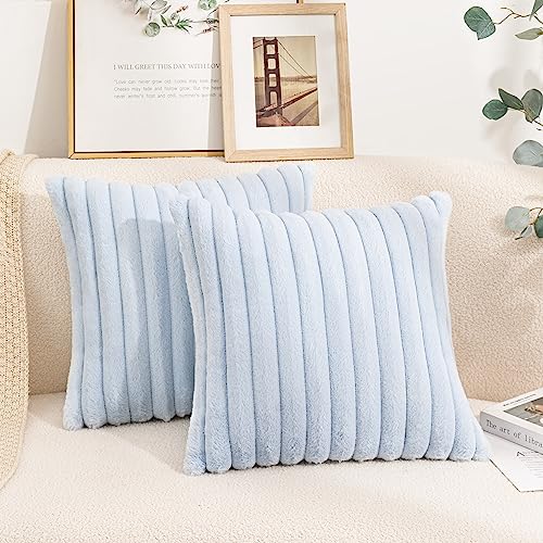 Uhomy Set of 2 Faux Fur Plush Decorative Throw Pillow Covers Fuzzy Striped Soft Pillowcase Cushion Covers for Living Room Sofa Couch Bedroom, 20x20 inch 50x50 Cm Lake Blue - color: Lake Blue, size: 20" x 20" (Pack of 2)