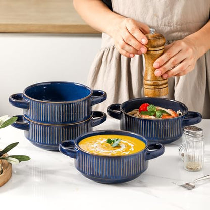 Soup Bowls with Handles, 23 oz French Onion Soup Crocks, Stackable Soup Bowl Oven Safe for Chili, Beef Stew, Embossment Ceramic Bowl Set - 5.4 Inch, Set of 4,Blue - color: Blue