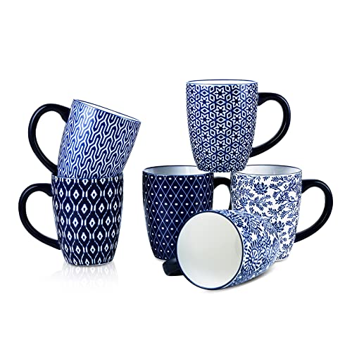 Selamica 16 oz Ceramic Coffee Mugs Set of 6, Ceramic Tea Cup with Handle, Dishwasher oven microwave safe, Vintage Blue - color: Vintage Blue, size: 16 OZ,Set of 6