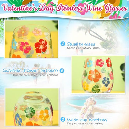 Sliner 2 Pack 17oz Summer Hawaiian Stemless Wine Glasses Aloha Stemless Wine Glass Luau Colorful Flowers Leaves Tumbler Cups for Hawaiian Tiki Party Supplies Birthday Gift - style: Hawaiian