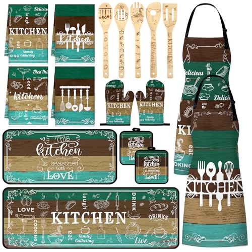 Bencailor 17 Pcs Teal Kitchen Decor and Accessories Teal Kitchen Rug & Mat | 2 Sets Teal Oven Mitts and Pot Holders, 2 Teal Apron, 4 Kitchen Towels, 5 Wooden Spoons, Turquoise Kitchen Accessories - color: Farmhouse