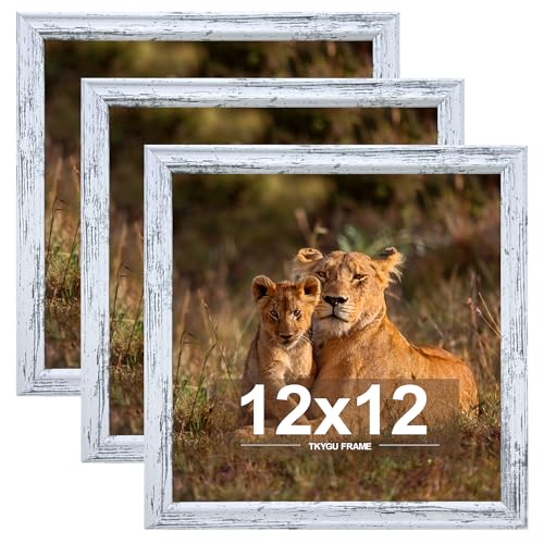 12x12 in Picture Frame set of 3, Horizontal and Vertical Formats for Wall Hanging, 12 x 12 Square Wall Gallery Poster Photo Frame Rustic White with Shatter Resistant Plexiglass,best gift - color: Rustic White -3PCS, size: 12X12in