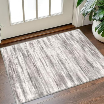 KOZYFLY Modern Abstract Small Area Rugs 2x3, Washable Kitchen Rug Non-Slip Soft Small Bathroom Rug, Grey/Light Beige/Brown Striped Entryway Rugs Abstract Print Faux Wool Doormat - color: Grey/Light Beige/Brown, size: 2' x 3' (Rectangular)