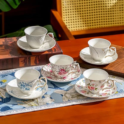 Agyiuns tea cups and saucers ceramic coffee mug 6oz for Coffee, Latte, Cafe Mocha (Big flowers-Set of 4) - color: Big flowers-Set of 4