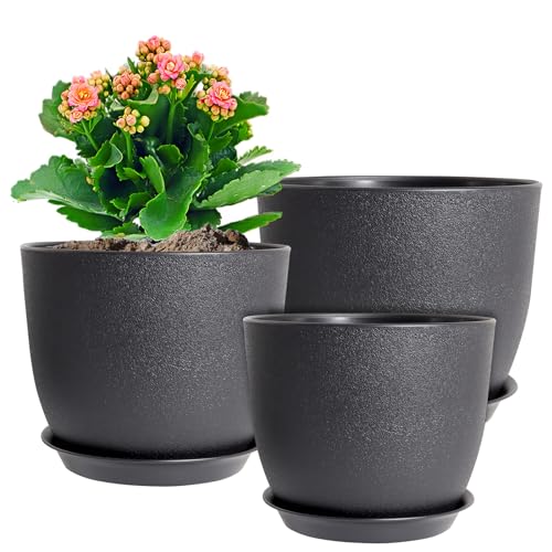 WSMKSZ 10/9/8 inch Medium Plant Pots, 3 Pack Modern Decorative Plastic Planters with Drainage Holes and Saucers, Flower Pots for Indoor Outdoor Plants, Black - color: Black, size: 10"+9"+8"