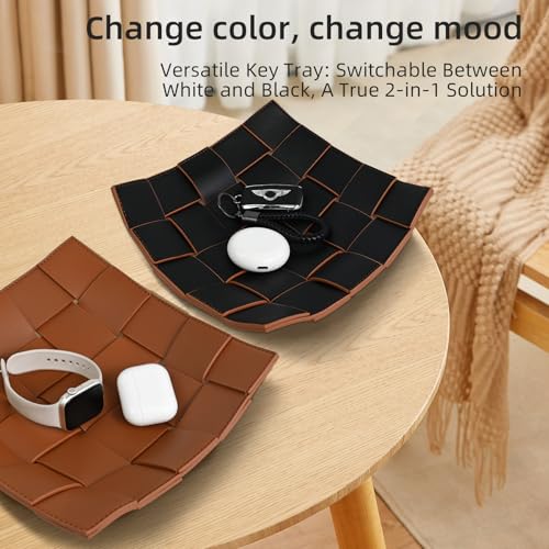 Valet Tray PU Leather Key Holder Bowl for Men Entryway Table Nightstand Desk Tray for Wallet, Keys Men's Gift - Brown & Black, 9.8" L x 9.8" W x 2" H - color: Brown + Black