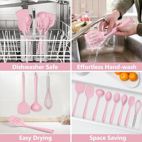 TeamFar Silicone Cooking Utensils Set, 8 PCS Kitchen Utensils Set, Pink | 446°F Heat Resistant Turner, Spatula, Spoon, Whisk, Kitchen Cooking Gadgets Tools, for Nonstick Cookware, Dishwasher Safe - color: Pink